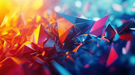 3D scene with dynamic, moving polygonal shapes and vibrant, energetic colors.