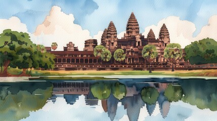 Obraz premium Watercolor Illustration of Angkor Wat with Reflection in Water