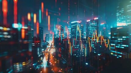 Obraz premium Double exposure of a candlestick graph chart with indicators, a stock market price screen