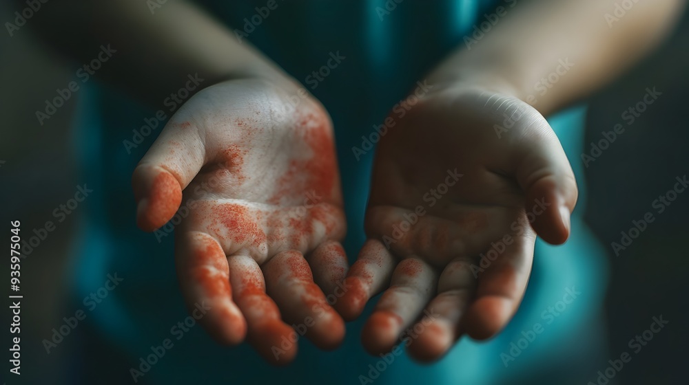 Poster close up image of a child s hands displaying the distinctive red spots and lesions associated with h