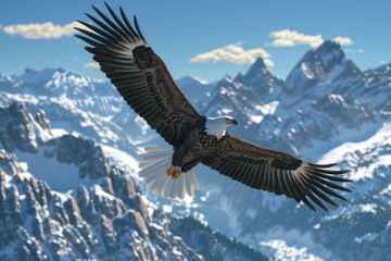 A bald eagle glides gracefully above dramatic mountain peaks under a bright blue sky, embodying the spirit of the wilderness