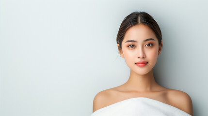 A young Thai woman with clear skin and big round eyes stands draped in a white wrap against a soft background, looking sweet and simple.