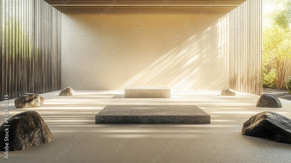Aufkleber serene japanese rock garden with sunlight casting tranquil patterns in a minimalist setting