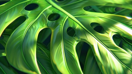 A close-up photorealistic image of a Monstera Deliciosa leaf