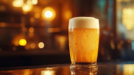 A glass of frothy golden beer, illuminated by warm, soft light, creating a cozy and inviting vibe.