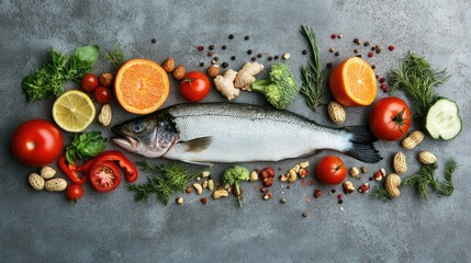 A healthy food arrangement featuring colorful vegetables, nuts, and fish on a textured concrete background. Ideal for clean eating and wellness content.