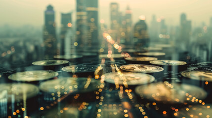 Double exposure of a candlestick graph chart with indicators, a stock market price screen