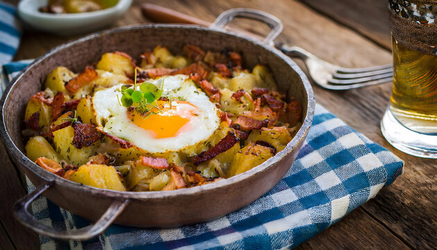 tiroler, gr&ouml;stl, essen, neu, photo, makro, spiegelei, pfannengericht, brotzeit, speck, spiegeleier, close up., holz, bratkartoffeln, bayrisch, bauern, fr&uuml;hst&uuml;ck, deftig, k&uuml;che, wirtshaus, alpen, ad, 1