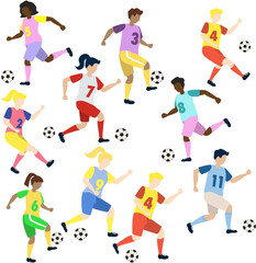 Soccer players kicking ball characters set with boys and girls, flat cartoon vector illustration isolated on white background. Soccer or football game players collection.