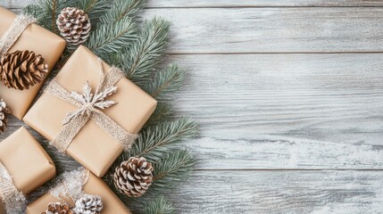 Fototapeta premium Close-up of beautifully wrapped Christmas gifts in kraft paper arranged with pine branches and cones on a wooden surface, creating a festive atmosphere for the holidays