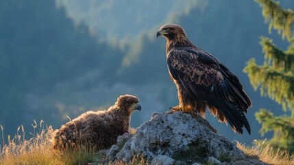 Golden Eagle and Chick on a Mountain