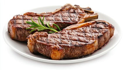 A plate of juicy grilled beef steak with bone, isolated on a white background. The minimal setting allows the steak's rich texture to stand out.