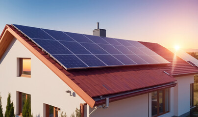 Fototapeta premium A house with solar panels on its roof sits under a setting sun