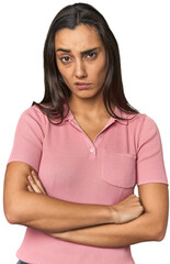 Fototapeta premium Hispanic young woman unhappy looking in camera with sarcastic expression.