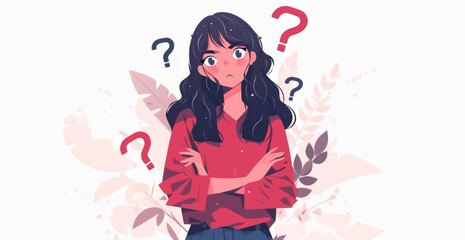 a Confused Adult Woman Surrounded by Question Marks with Pastel Colors and Simple Details