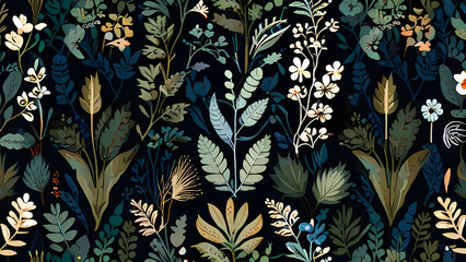 flat vector pattern with a botanical theme, Include different types of leaves, flowers, and branches in a repeating arrangement