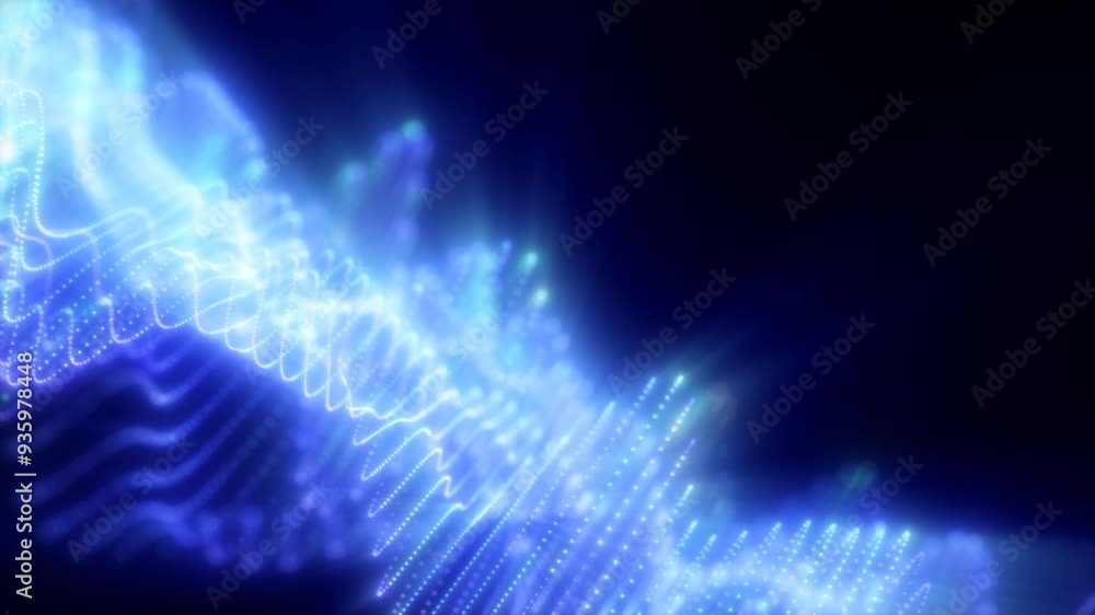 Poster abstract waves of glowing particles in vibrant blue creating a dynamic and fluid digital landscape a