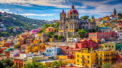 Fototapeta premium Vibrant Mexican town with cathedral and colorful houses on hillside, Mexico, town, cathedral, colorful, houses, hill