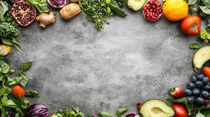 A vibrant assortment of organic food ingredients framing a gray stone surface, leaving ample room for copy or branding.