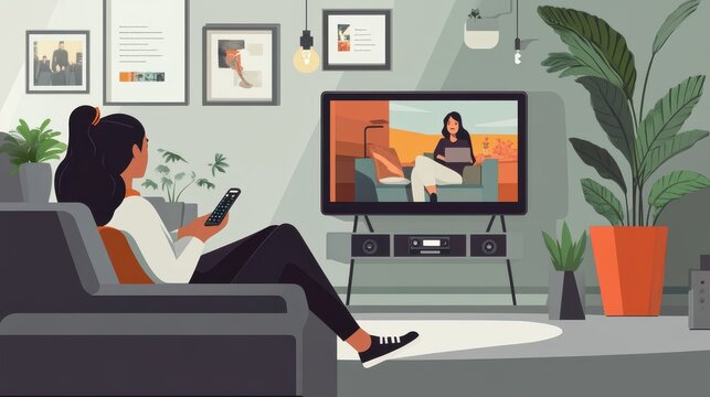 A solo viewer comfortably lounges on a couch in a cozy living room, watching a show on television and holding a remote