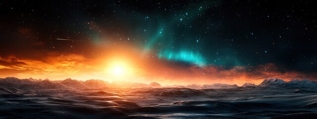 Naklejka premium Aurora over icy landscape with stars in the sky, realistic, high resolution --ar 8:3 --style raw --personalize pyz3xwv --stylize 250 --v 6.1 Job ID: 0ae06fec-e11e-4639-a7ec-f4f164149bea