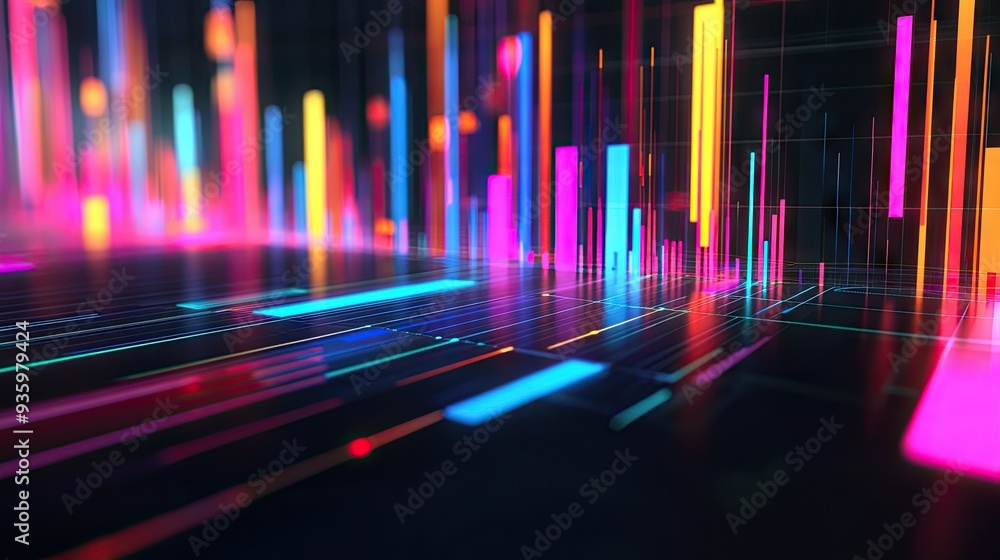 Poster abstract 3d financial graph with colorful, intersecting bars and lines on a black background.