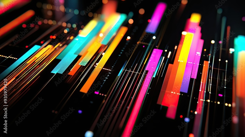 Poster abstract 3d financial graph with colorful, intersecting bars and lines on a black background.