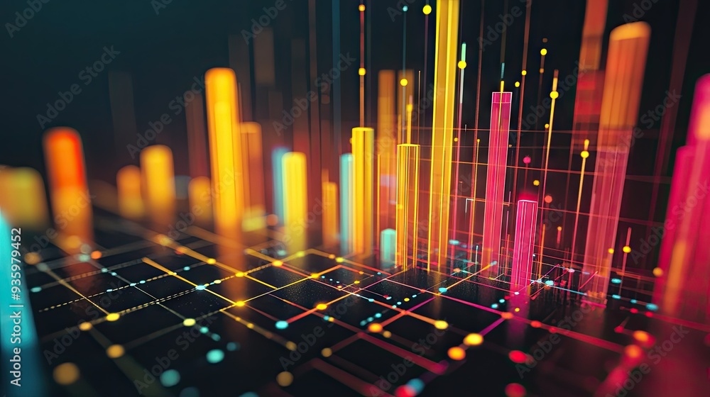 Poster abstract 3d financial graph with colorful, intersecting bars and lines on a black background.