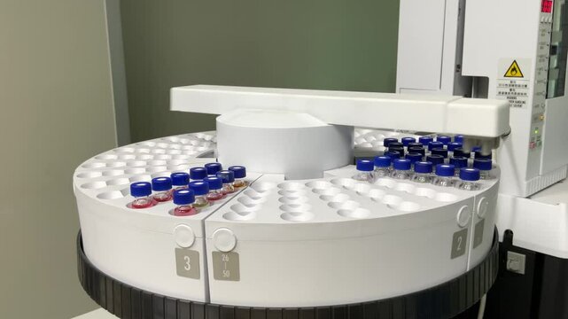 Automated laboratory sample handling system with vials in gas chromatography autosampler carousel. Modern scientific research and pharmaceutical testing equipment for chemical analysis