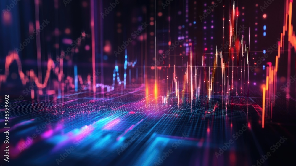 Poster abstract 3d financial graph with dynamic lines and bars representing market data.