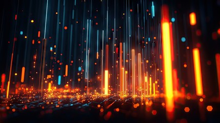 Abstract 3D financial graph with glowing lines and bars illustrating market fluctuations.