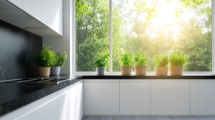 Modern kitchen interior, sleek white cabinets, black marble countertop, stainless steel appliances, natural light flooding through large window, minimalist design.
