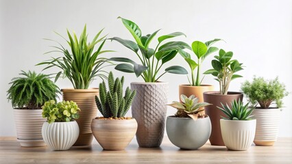 Fototapeta premium Collection of beautiful plants in ceramic pots isolated on background. rendering, plants, ceramic pots, collection