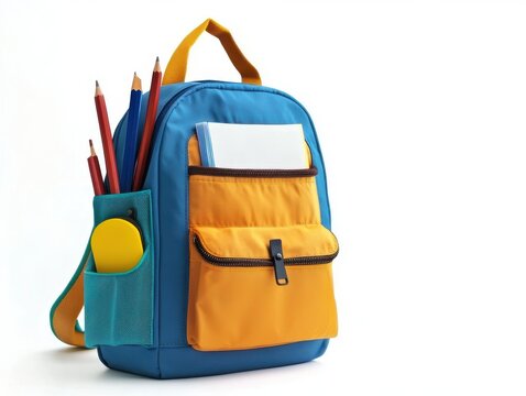 Mochila con &Uacute;tiles Escolares Aislada sobre Fondo Blanco