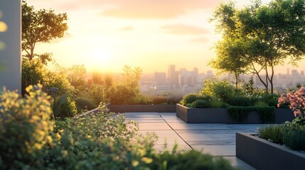 Modern urban rooftop garden, lush greenery, geometric planters, cityscape backdrop, sunset hues, minimalist design, high-resolution detail, urban oasis