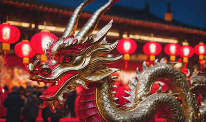 Fototapeta premium A golden dragon statue stands in front of a building adorned with red lanterns, celebrating Chinese New Year