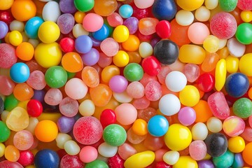 Obraz premium Close-up photo of an assortment of colorful gumdrops and jellybeans, capturing their variety in shades and textures.