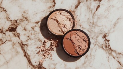 Two round containers of pressed powders sit on a marble surface, one light and shimmery, the other darker and matte, with some powder scattered around.