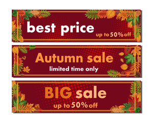 autumn sale abstract background, vector illustration of several banners with falling autumn leaves on a dark red background