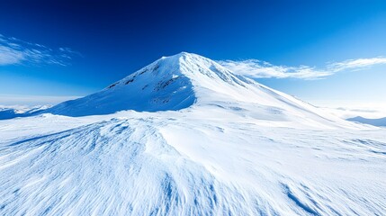 Pristine snowy mountain peak under a clear blue sky, untouched white slopes, crisp and cold winter air, dramatic lighting, high contrast, panoramic view.