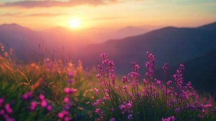 Sunrise over Mountains with Wildflowers