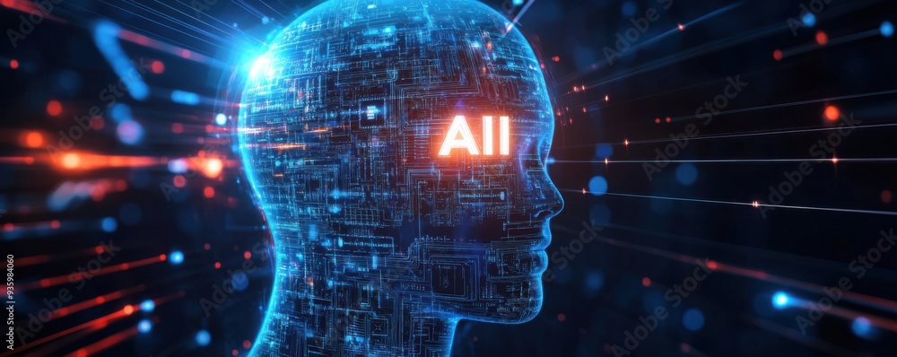 Poster futuristic metallic human-like head with glowing ai elements representing advanced artificial intell