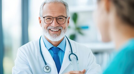 A smiling doctor engaging in friendly conversation with a patient in a modern healthcare setting, promoting trust and professionalism.