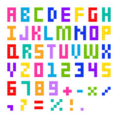 ABC digital type colorful, blocks geometric pixel font, brick alphabet for child, letter fun