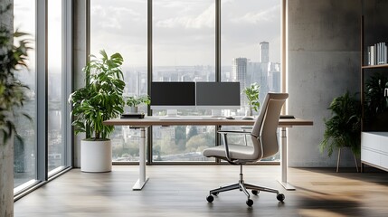 Sleek modern workspace, ergonomic desk chair, dual monitors, tidy desk with minimal decor, large window with city view, natural light, productivity-focused environment.