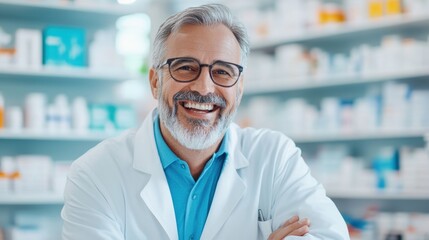 Smiling pharmacist in white coat standing confidently in a well-stocked pharmacy, showcasing expertise and approachability.