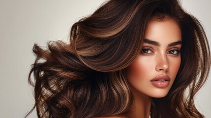 Naklejka premium A young woman showcases her lush, wavy hair, styled beautifully, with natural makeup that highlights her features.