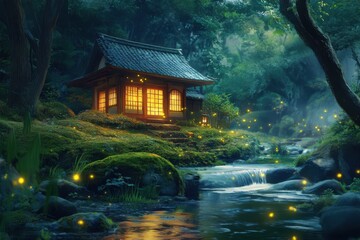Charming Japanese house nestled in a serene forest surrounded by twinkling fireflies near a peaceful stream at dusk