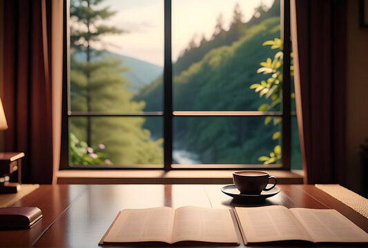 anime study table nature view window lofi loop animation