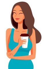 Pretty healthy young woman with long hair holding a cup of coffee flat art illustration
